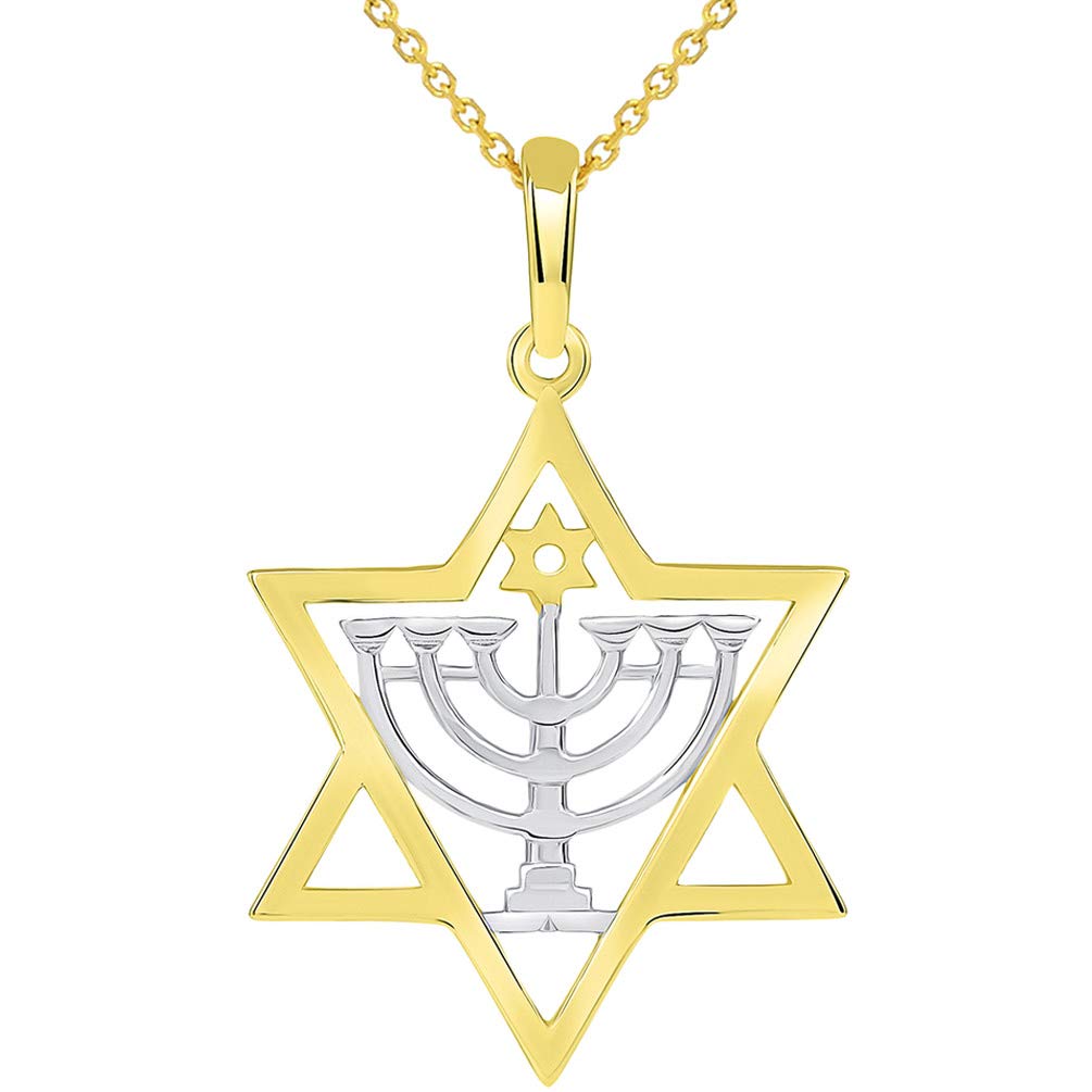 Solid 14k Yellow Gold Jewish Star of David with Menorah Pendant Necklace