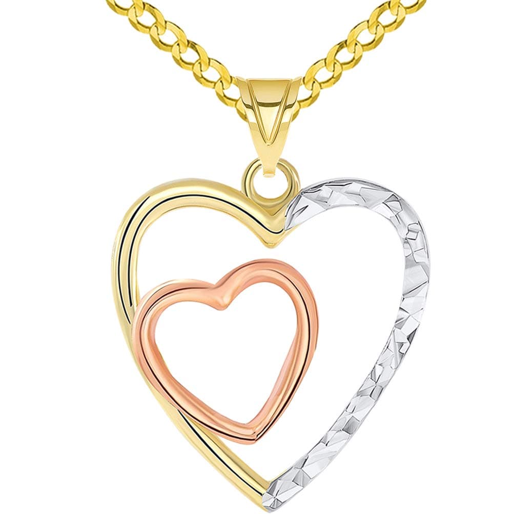 14k Yellow and Rose Gold Textured Tri-Tone Double Open Heart Pendant with Curb Chain Necklace