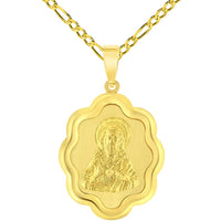 Load image into Gallery viewer, 14k Yellow Gold Sacred Heart of Jesus Christ On Elegant Miraculous Medal Pendant with Figaro Chain Necklace
