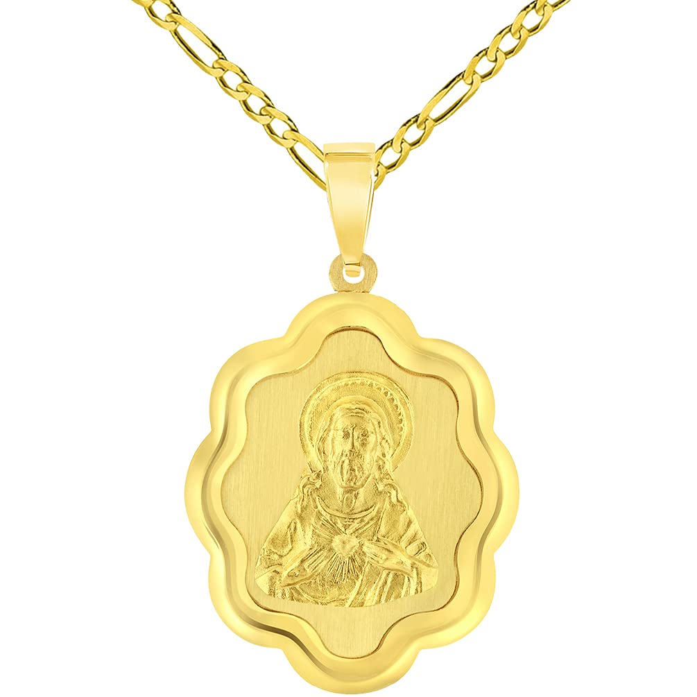 14k Yellow Gold Sacred Heart of Jesus Christ On Elegant Miraculous Medal Pendant with Figaro Chain Necklace
