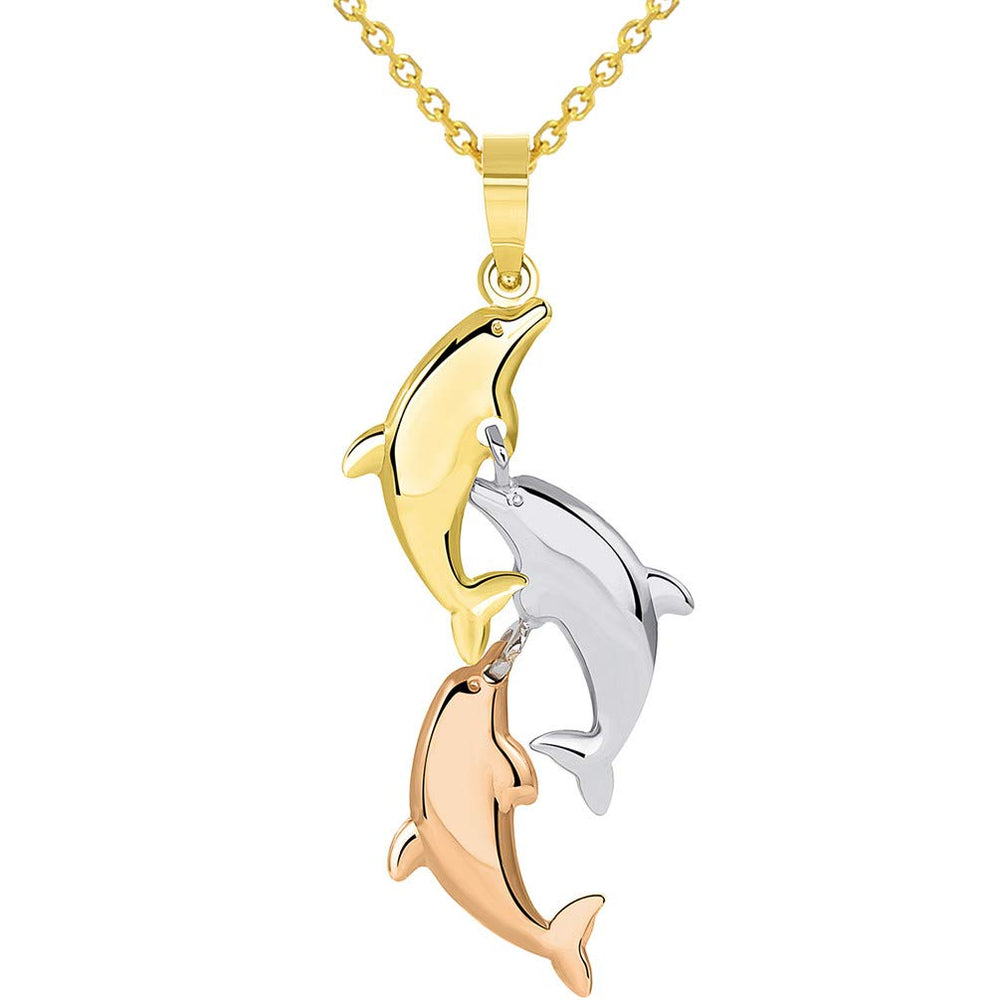 14k Tri Color Gold 3D Dangling Dolphins Pendant