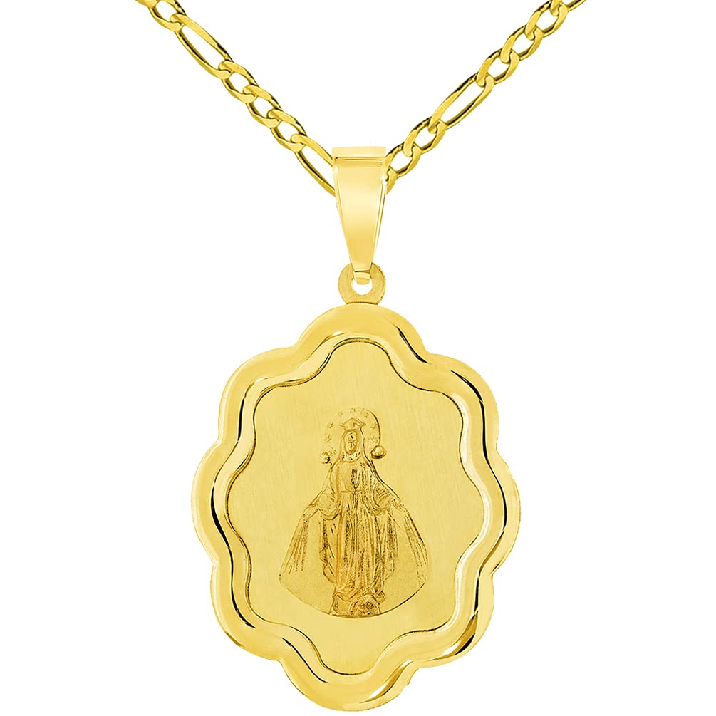 14k Yellow Gold Elegant Miraculous Medal of Virgin Mary Pendant with Figaro Chain Necklace