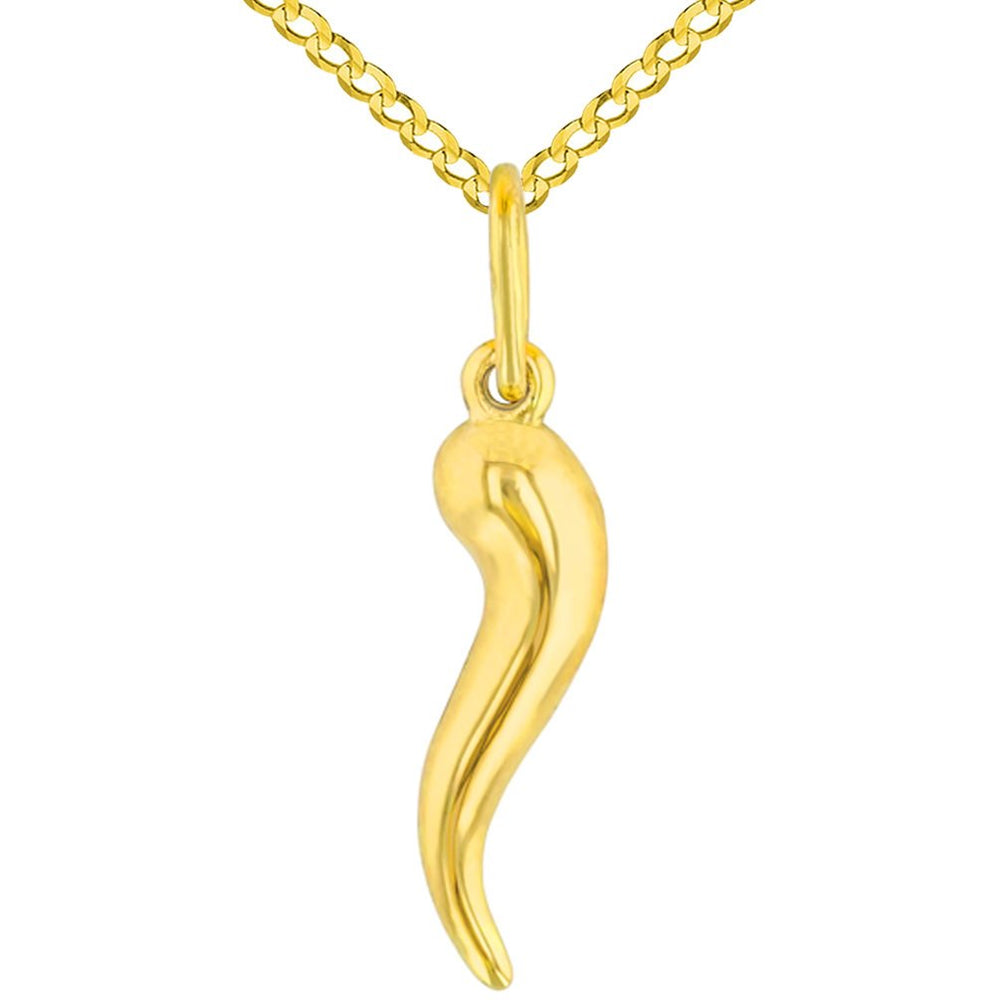 14K Yellow Gold Polished Dainty Cornicello Horn Charm Pendant with Cuban Chain Necklace