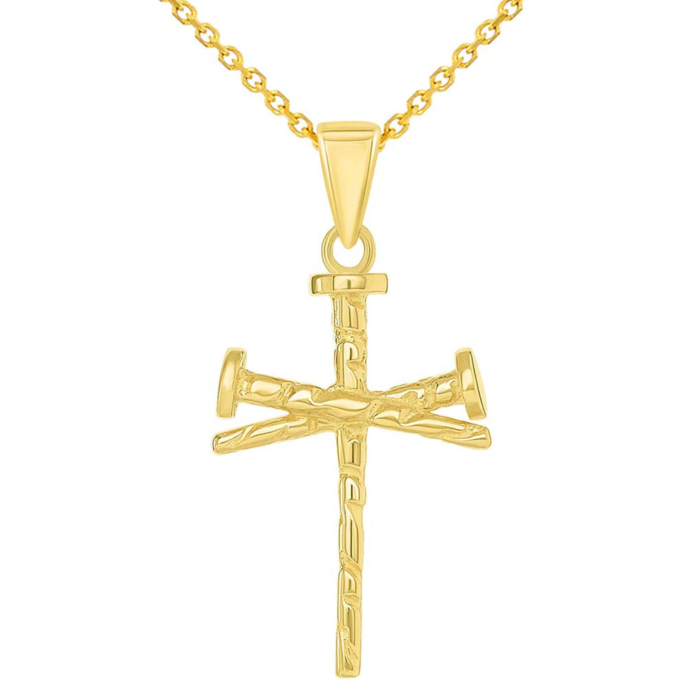 Solid 14k Yellow Gold Religious Nail Cross Charm Pendant Necklace