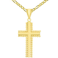 Load image into Gallery viewer, Solid 14k Yellow Gold Beaded Edged Plain Religious Cross Pendant with Figaro Chain Necklace
