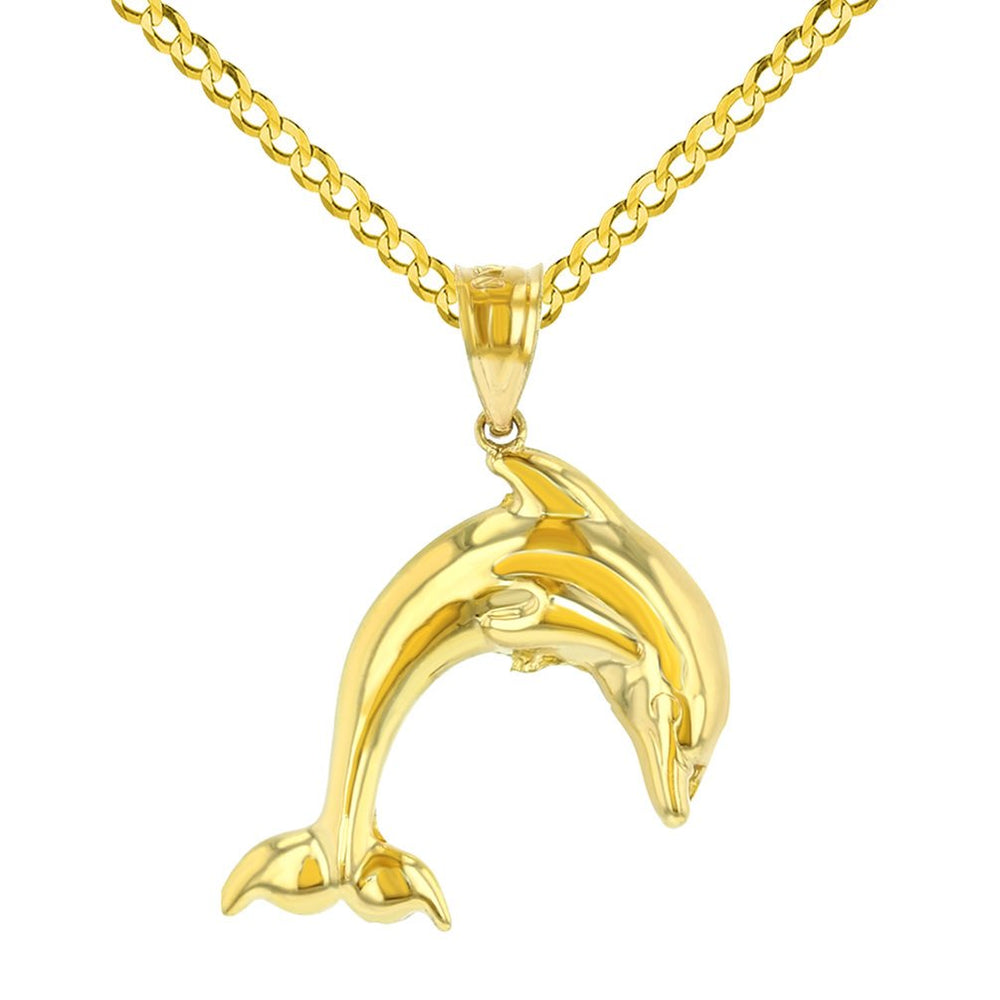 14K Yellow Gold Jumping Dolphin Charm Animal Pendant Cuban Chain Necklace with High Polish