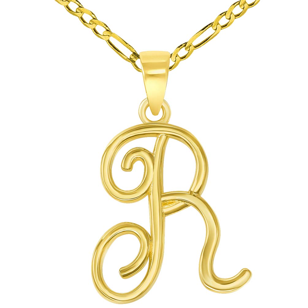 14k Yellow Gold Elegant Script Letter R Cursive Initial Pendant with Figaro Chain Necklace