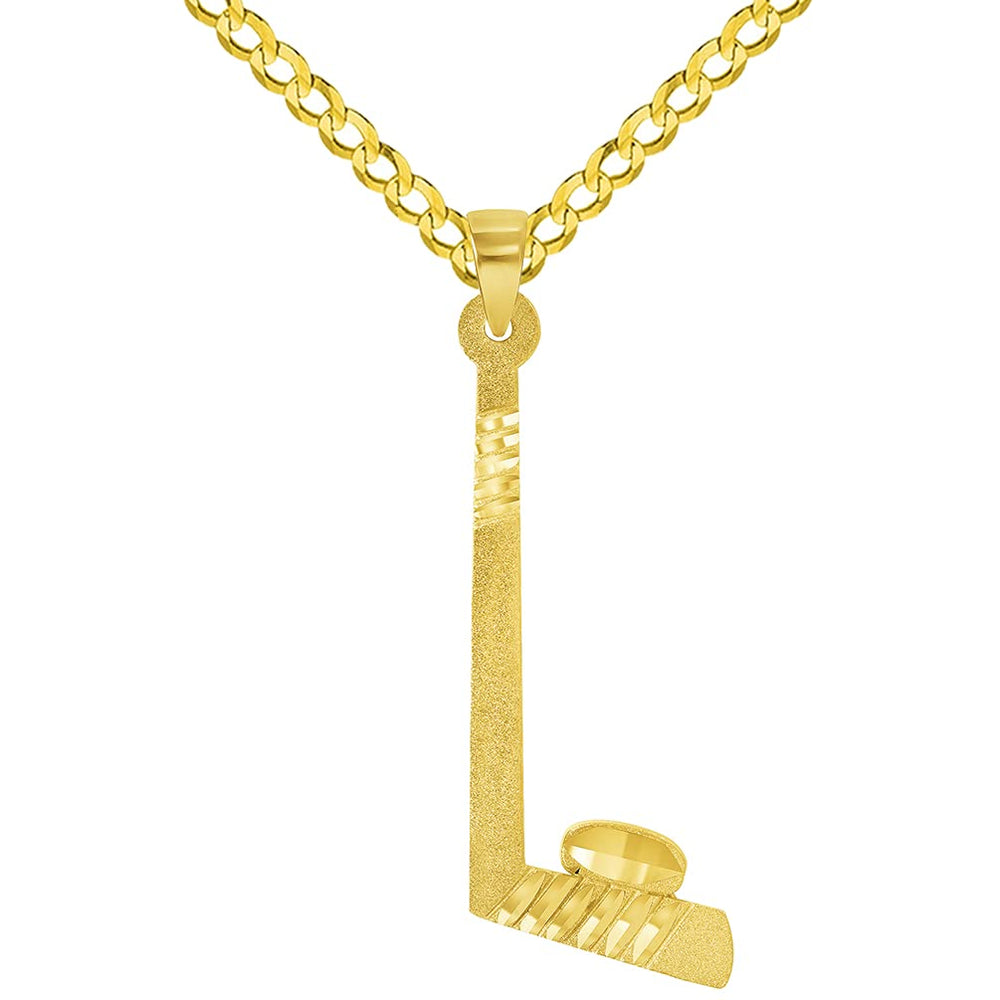 Solid 14k Yellow Gold Ice Hockey Stick and Puck Sports Pendant with Cuban Curb Chain Necklace