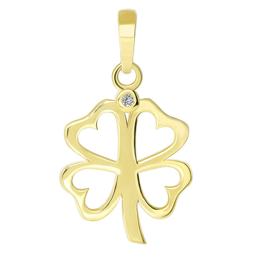 Solid 14k Yellow Gold CZ Four Leaf Clover with Open Heart Design Charm Pendant