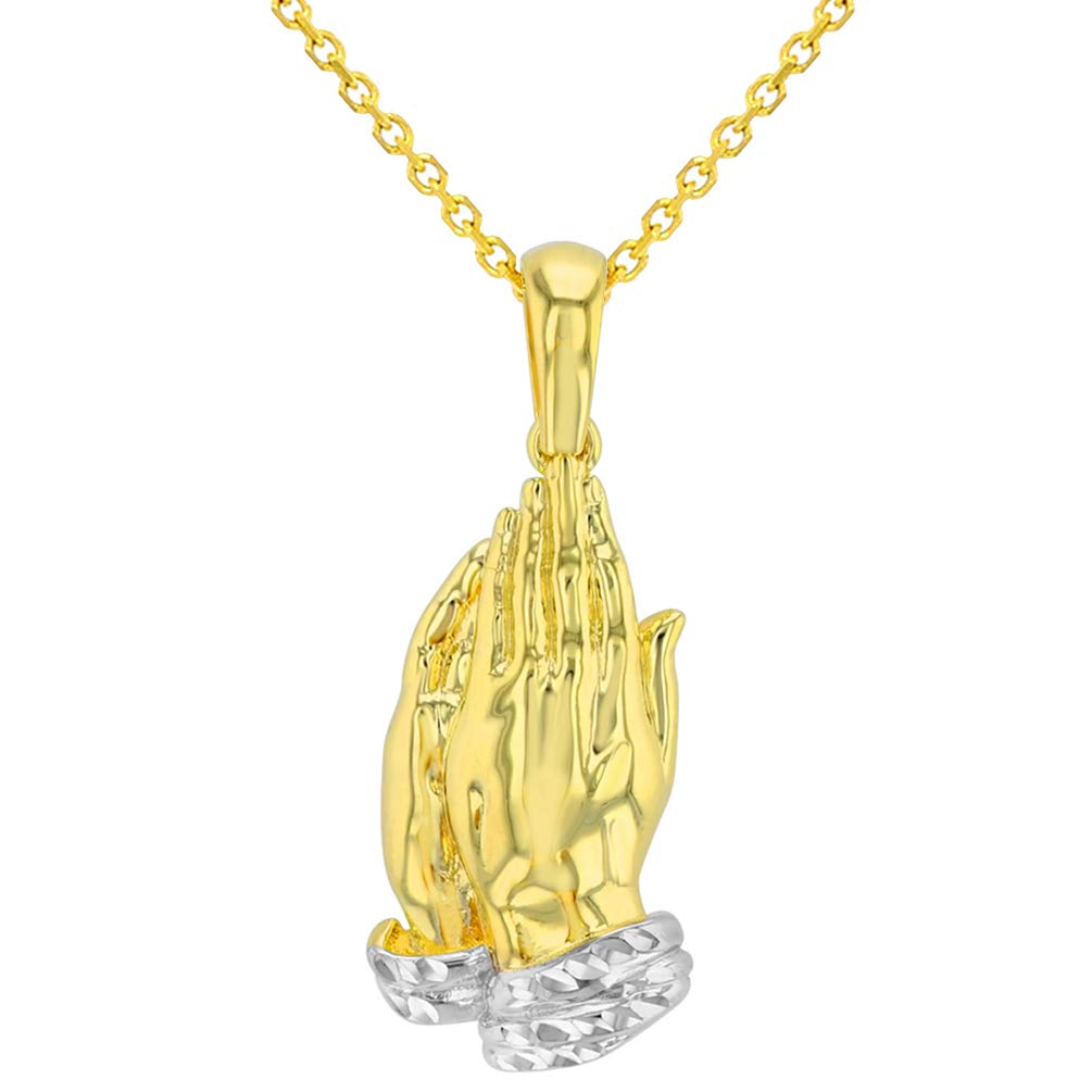14k Yellow Gold Polished and Textured Praying Prayer Hands Pendant Necklace