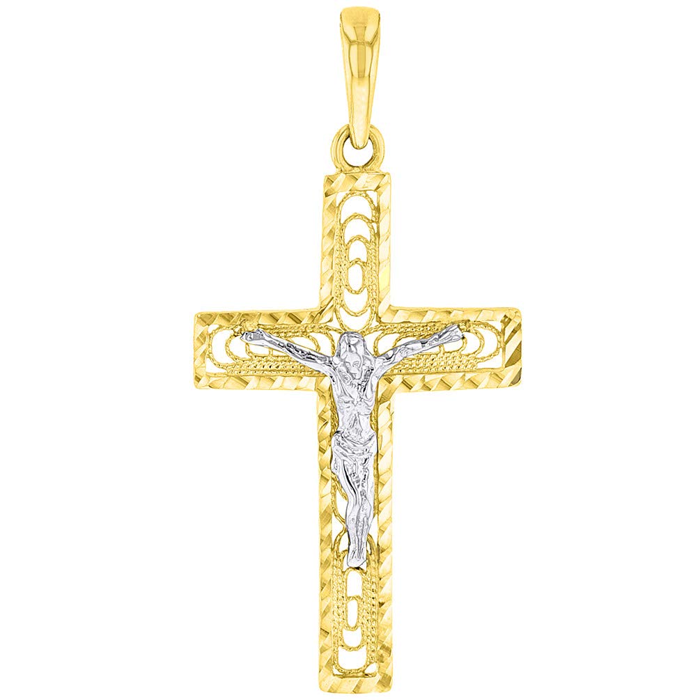 14k Two-Tone Gold Textured Catholic Cross Elegant Jesus Crucifix Pendant