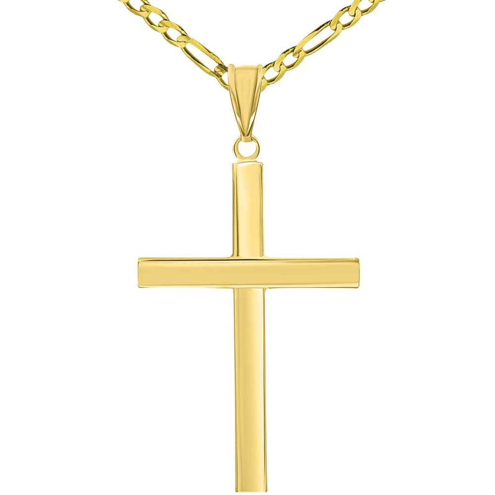 Polished 14k Yellow Gold Simple Religious Cross Pendant with Figaro Chain Necklace