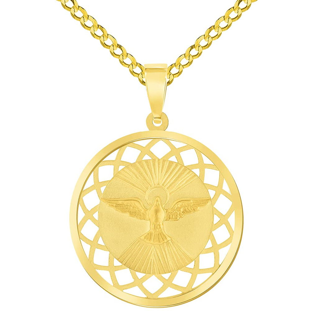 14k Yellow Gold Holy Spirit Dove Religious Round Open Ornate Medal Pendant with Cuban Chain Curb Necklace