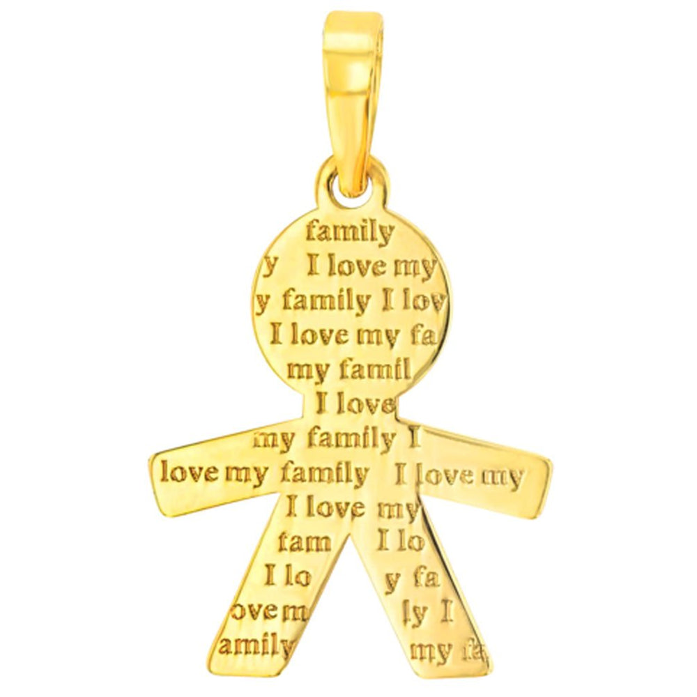 Solid 14K Yellow Gold Little Boy Charm with I Love My Family Engraved Script Pendant