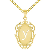 Load image into Gallery viewer, 14k Yellow Gold Elegant Filigree Oval Uppercase Initial Y Script Letter Plate Pendant with Figaro Chain Necklace
