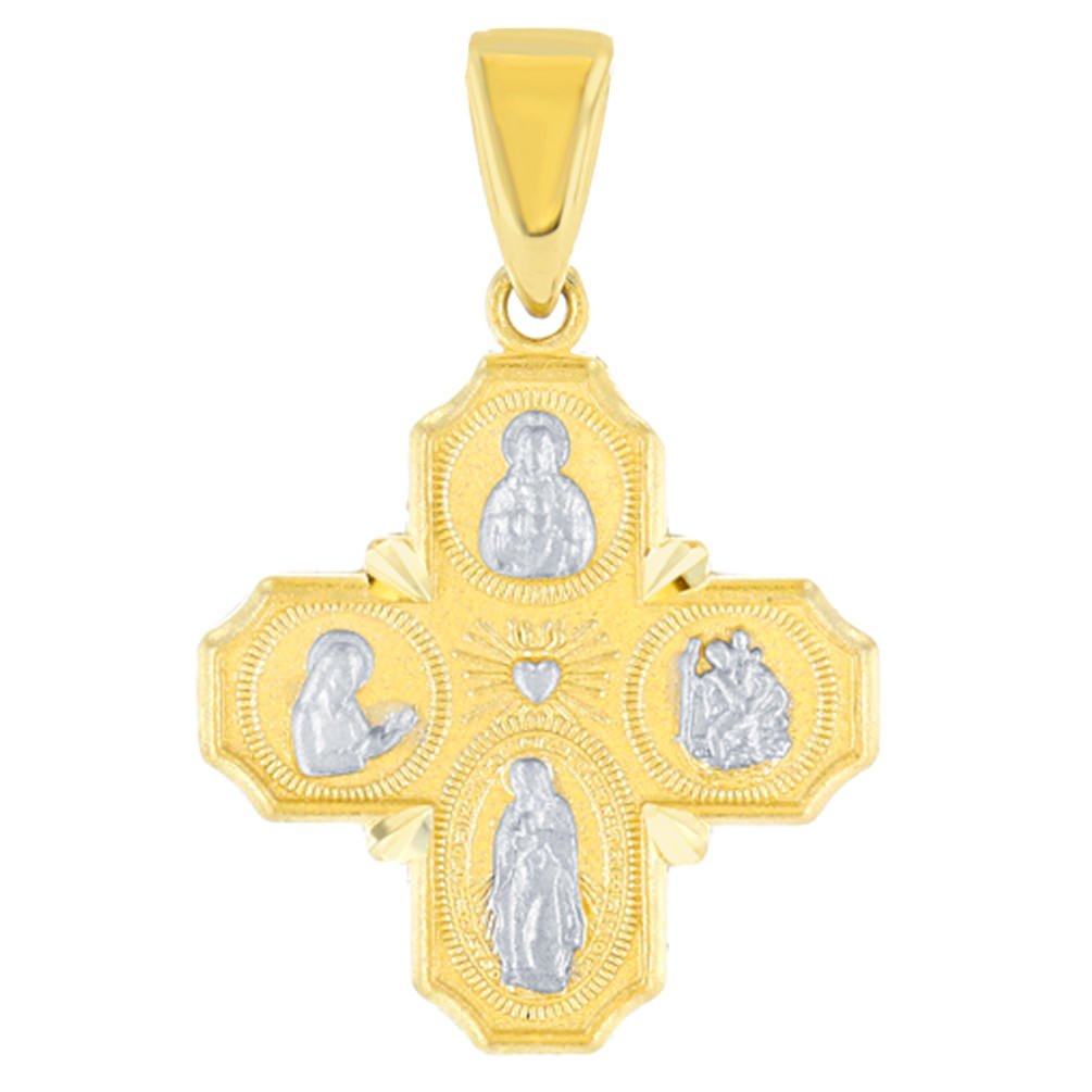 Solid 14K Gold Dainty Four Way Cross Charm with God Bless You Pendant - Yellow Gold