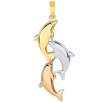 Load image into Gallery viewer, 14k Tri Color Gold 3D Dangling Dolphins Pendant

