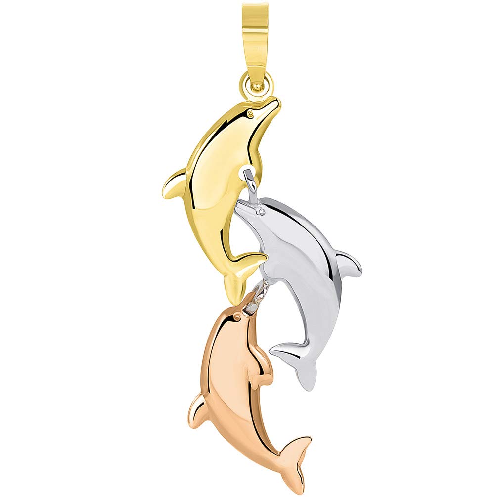 14k Tri Color Gold 3D Dangling Dolphins Pendant