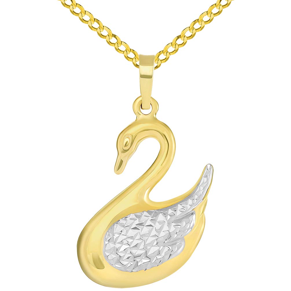 High Polish 14k Yellow Gold 3D Swan Animal Pendant with Curb Chain Necklace (Reversible)