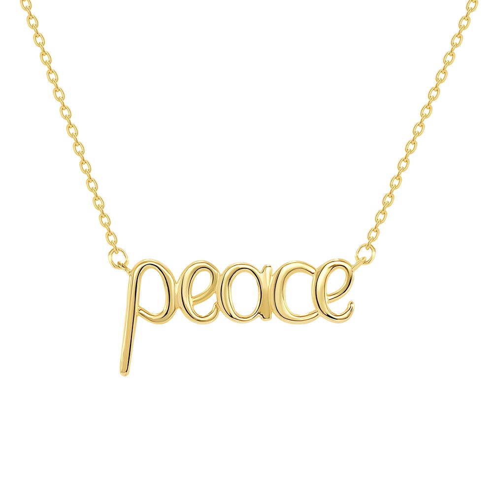 Solid 14k Yellow Gold Scripted Peace Necklace with Lobster Claw Clasp