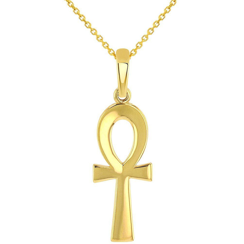 Solid 14k Yellow Gold Plain and Simple Egyptian Ankh Cross Pendant with Chain Necklace