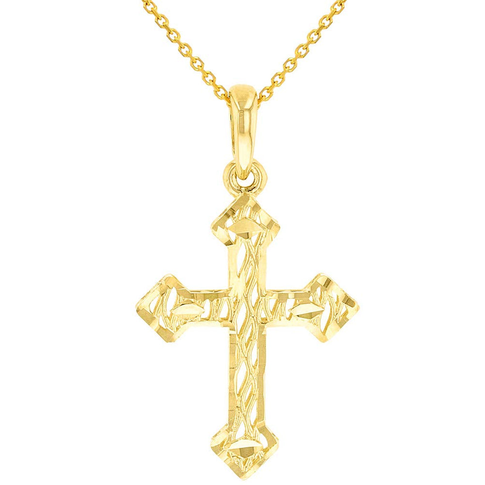 14k Yellow Gold Small Textured Christian Orthodox 3D Cross Pendant Necklace