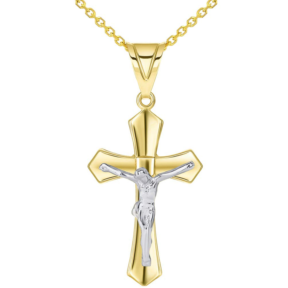 14k Two Tone Solid Gold Passion Christian Cross Crucifix Pendant with Cable Necklace