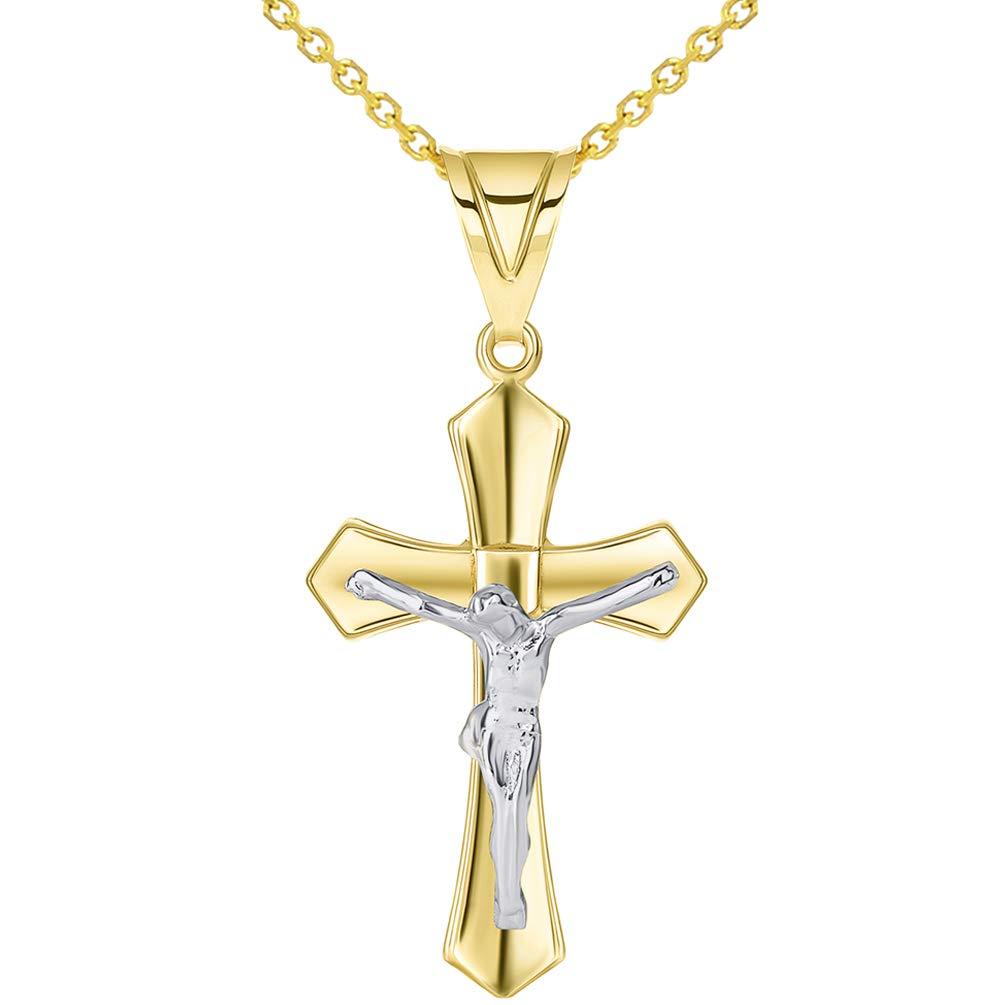 14k Two Tone Solid Gold Passion Christian Cross Crucifix Pendant with Cable Necklace
