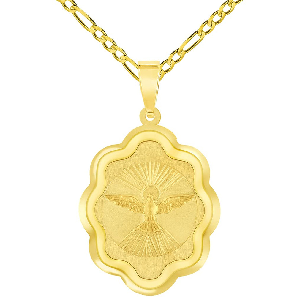 14k Yellow Gold Holy Spirit Dove Religious Elegant Medal Pendant with Figaro Chain Necklace