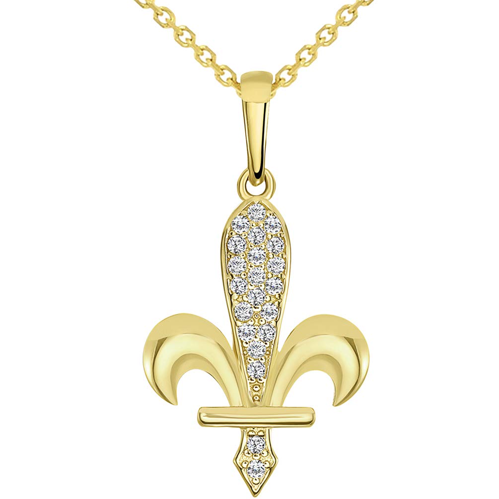 14k Yellow Gold CZ Bosnian Fleur de Lis Pendant Necklace with Rolo Chain