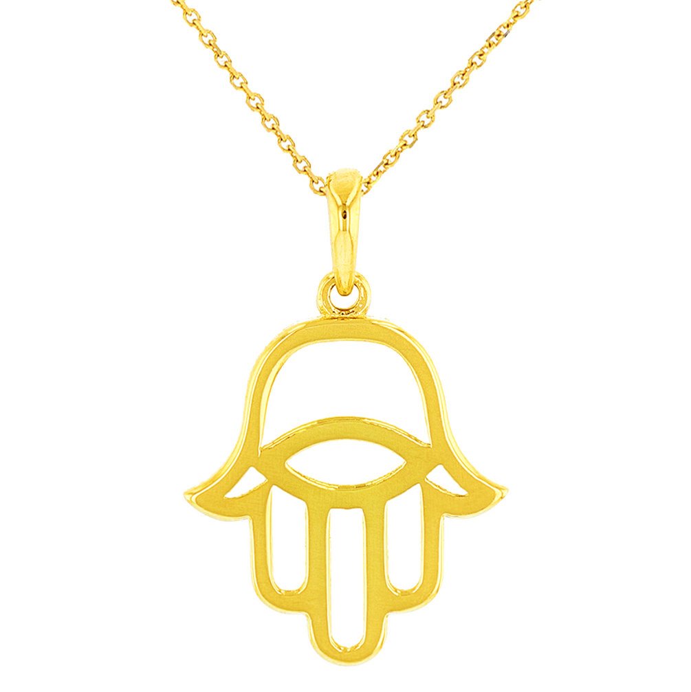 Jewelry America Solid 14K Gold Hamsa Hand of Fatima with Evil Eye Charm Pendant Necklace