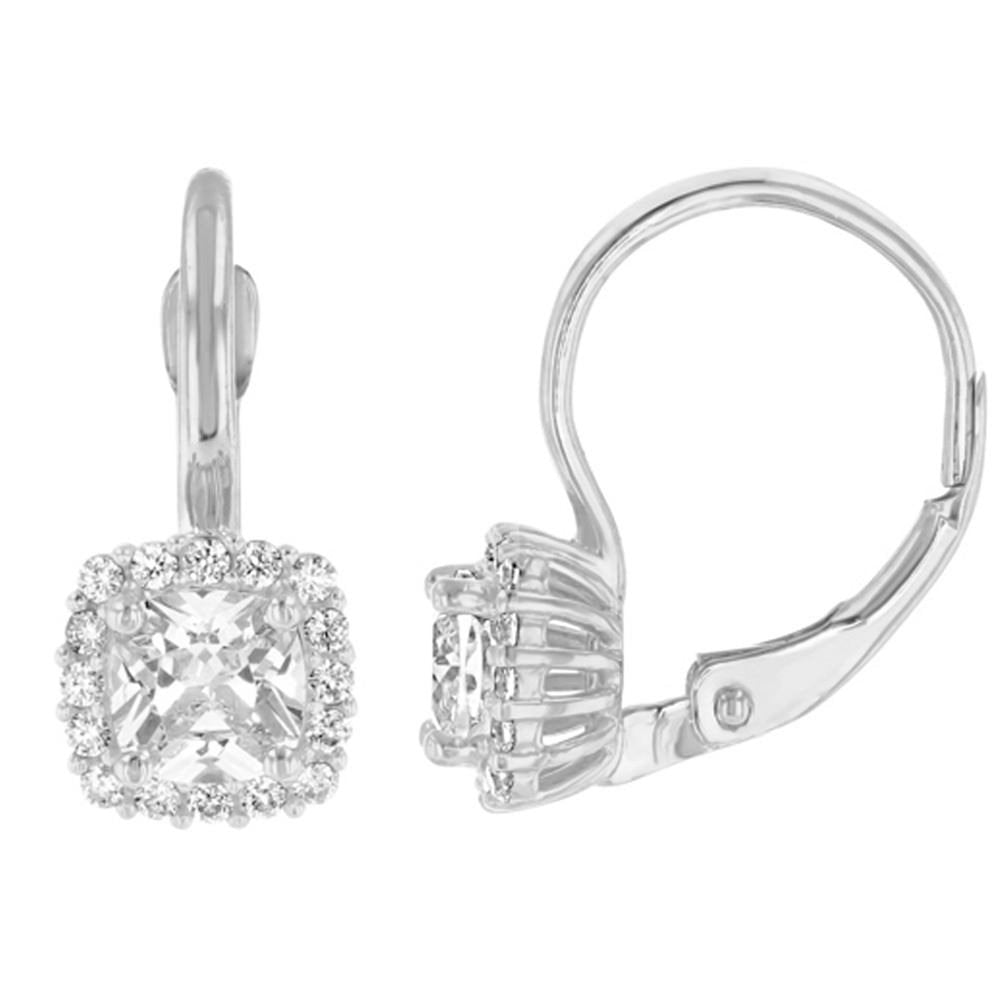 14K Gold Pave Square CZ Solitaire Dangling Drop Earrings - White Gold
