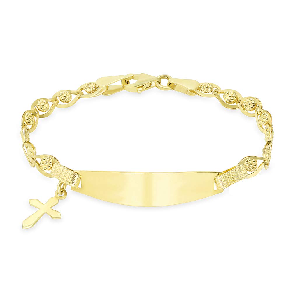 14k Yellow Gold or White Gold Engravable ID Open Floral Link Bracelet with Religious Cross Charm