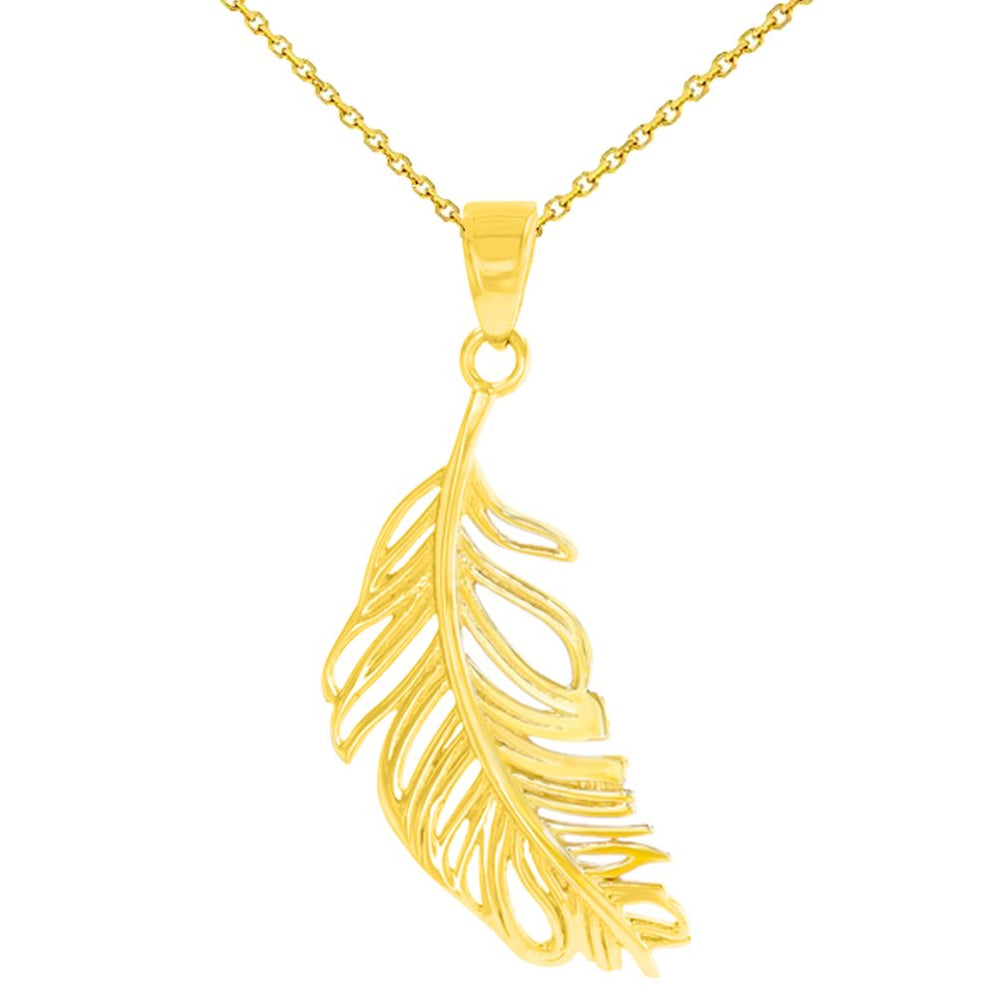 14K Yellow Gold Textured Feather Charm Pendant