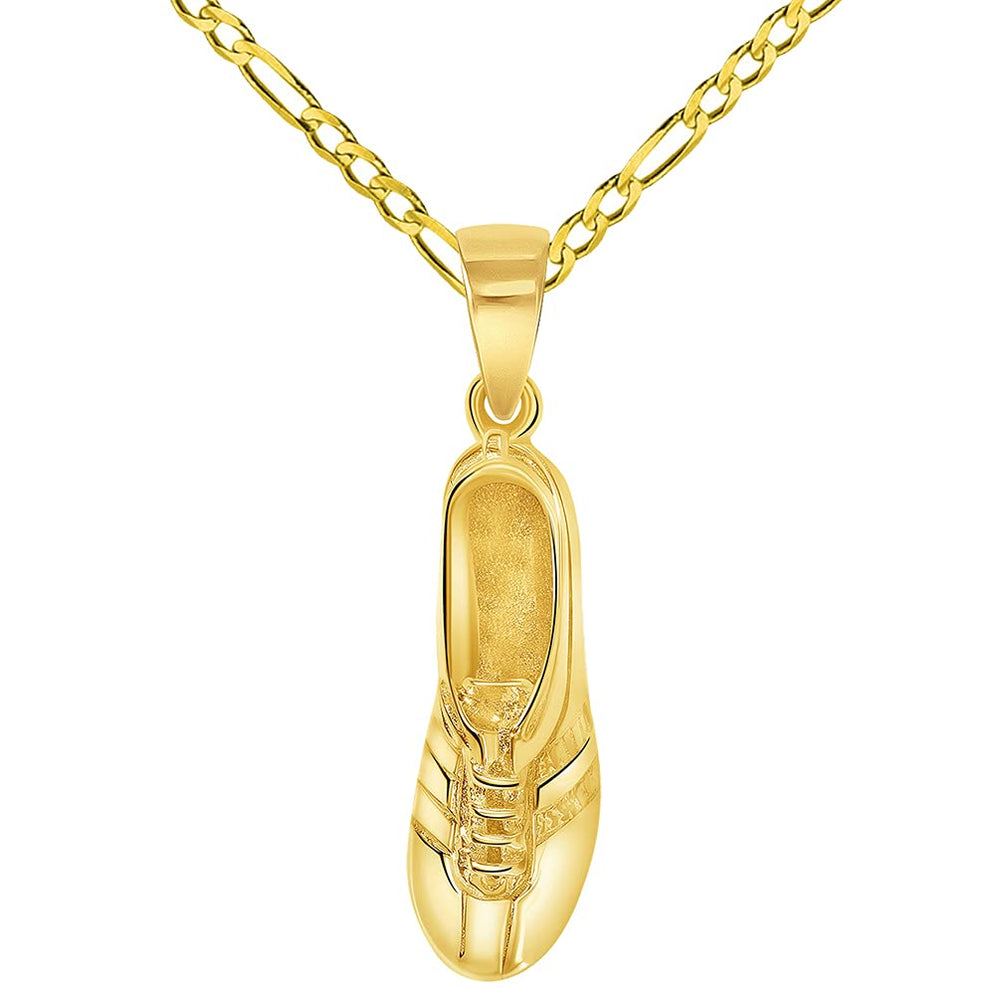 Solid 14k Yellow Gold 3D Soccer Cleet Shoe Charm Football Sports Pendant with Figaro Chain Necklace