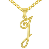 Load image into Gallery viewer, 14k Yellow Gold Elegant Script Letter I Cursive Initial Pendant with Concave Cuban Link Curb Chain Necklace
