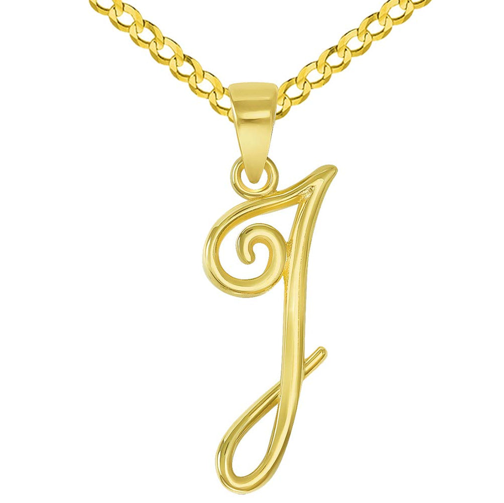 14k Yellow Gold Elegant Script Letter I Cursive Initial Pendant with Concave Cuban Link Curb Chain Necklace