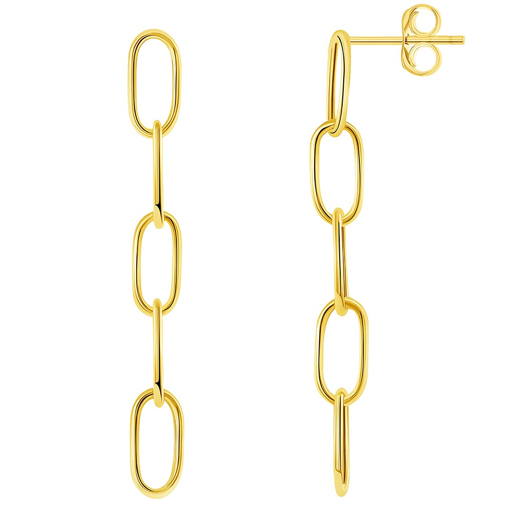 14k Yellow Gold Dangling Paperclip Chain Link 1.5 inch Drop Dangle Earrings with Friction Back