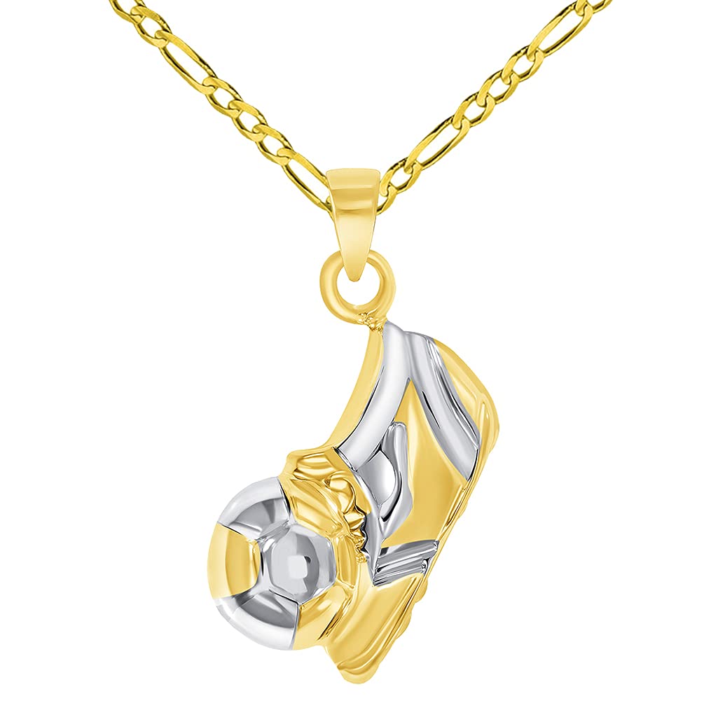 14k Yellow Gold 3D Soccer Shoe Kicking Ball Charm Two-Tone Football Sports Pendant Figaro Chain Necklace