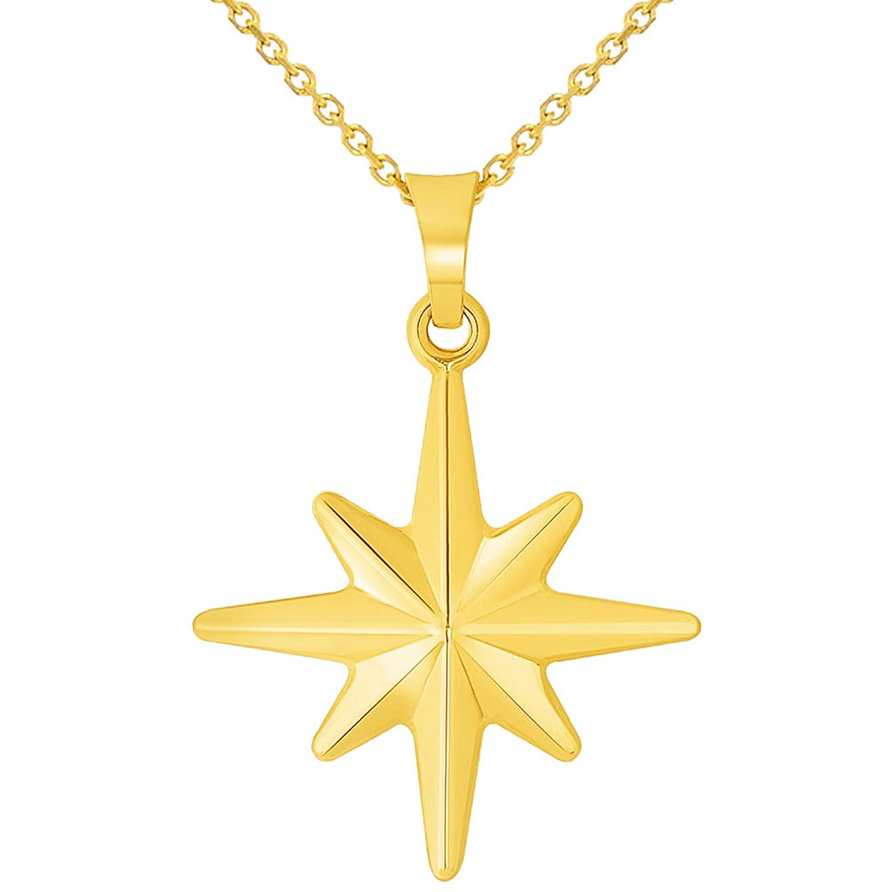 14k Yellow Gold 3D 8 Pointed North Star Pendant with Rolo Cable Chain Necklace