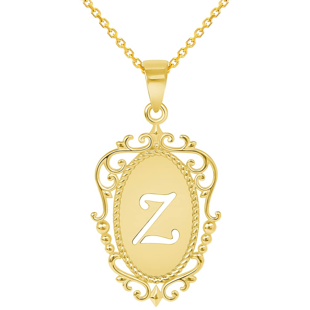 14k Yellow Gold Elegant Filigree Oval Uppercase Initial Z Script Letter Plate Pendant with Cable Chain Necklace