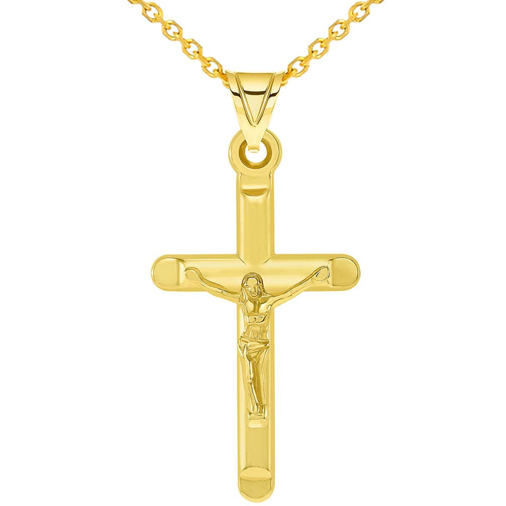 14k Yellow Gold Tube-Style Religious Crucifix Pendant with Cable Chain Necklace