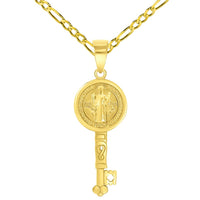 Load image into Gallery viewer, Solid 14k Yellow Gold Reversible Saint Benedict Key Charm Pendant with Figaro Chain Necklace
