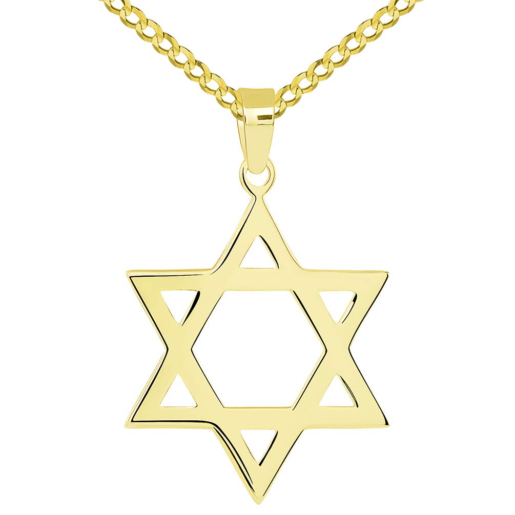 Solid 14k Yellow Gold Classic Hebrew Star of David Pendant with Cuban Necklace