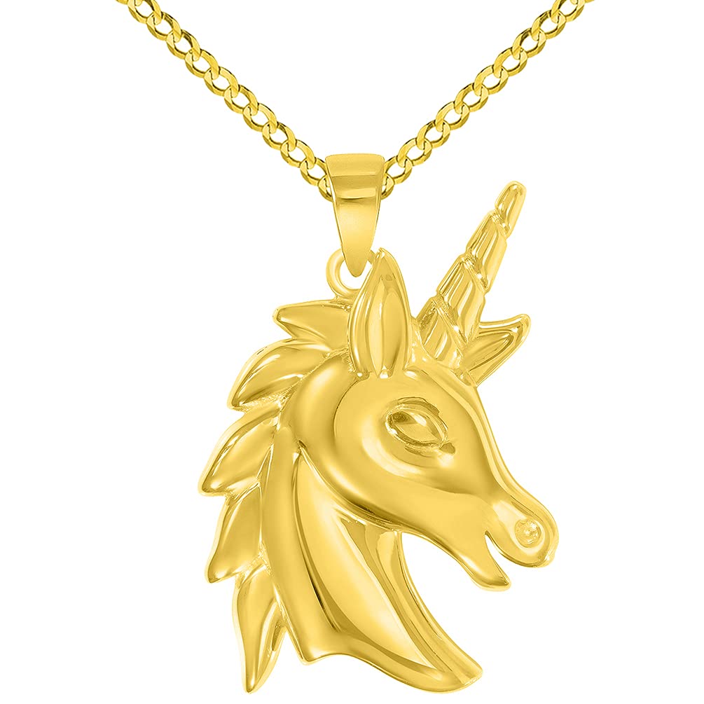 14k Yellow Gold Unicorn Horse Head Mythical Animal Pendant with Cuban Curb Chain Necklace