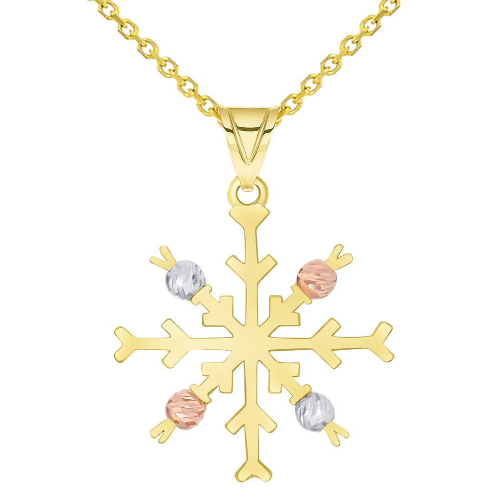 Solid 14k Tri-Color Gold High Polish Snowflake with Textured Beads Pendant Available with Rolo, Curb, or Figaro Chain