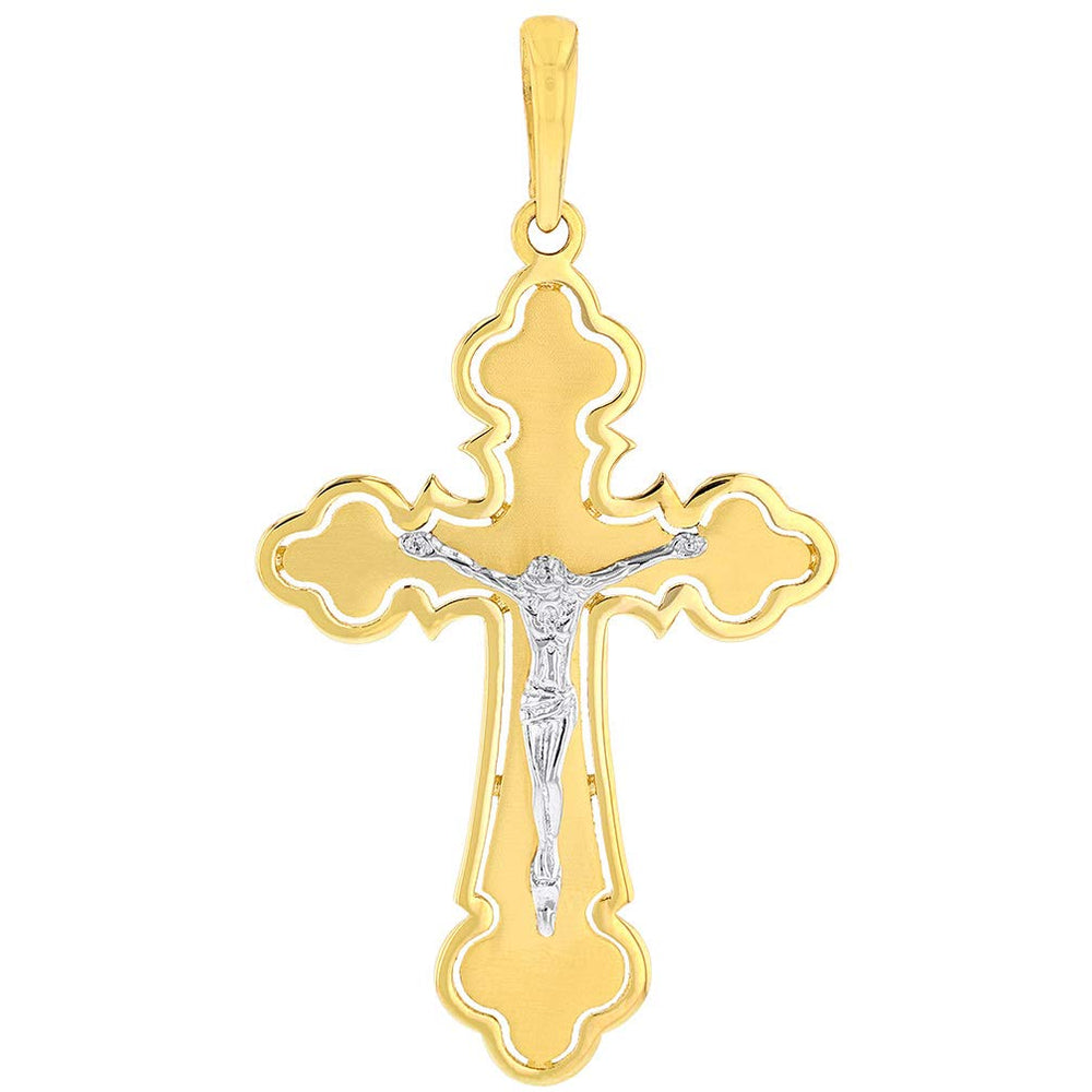 14k Two Tone Gold Open Outline Cross Eastern Orthodox Crucifix Pendant
