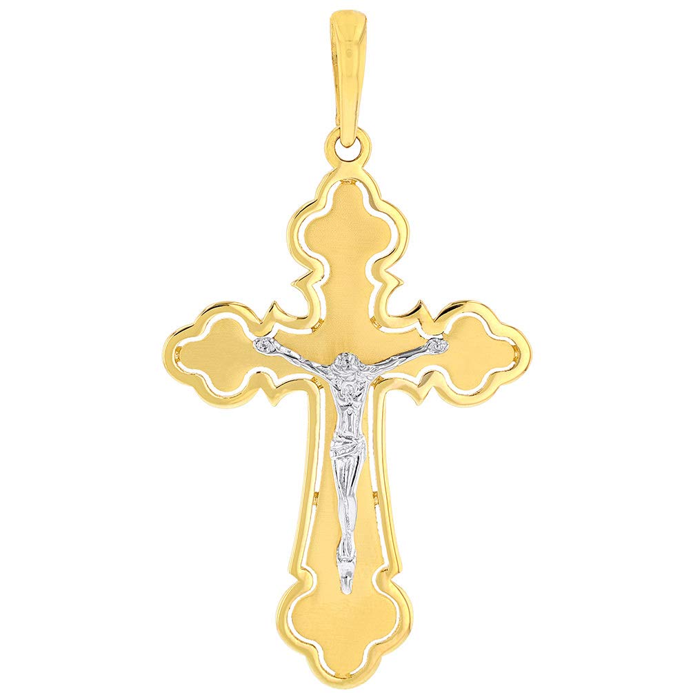 14k Two Tone Gold Open Outline Cross Eastern Orthodox Crucifix Pendant
