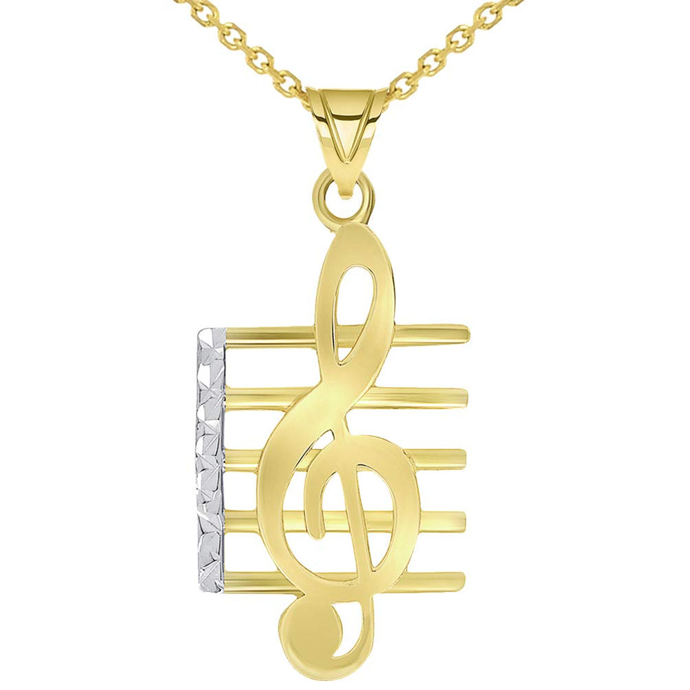 14k Yellow Gold Textured G Clef Musical Note On Staff Pendant Necklace with Cable, Curb, or Figaro Chain