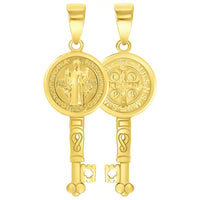 Load image into Gallery viewer, Solid 14k Yellow Gold Reversible Saint Benedict Key Charm Pendant with Cuban Curb Chain  Necklace
